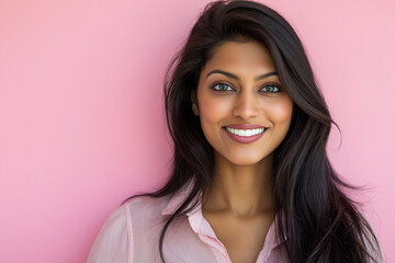 Fototapeta premium A woman with long black hair and a pink shirt is smiling