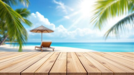 Fototapeta premium Wooden table top and ocean background 