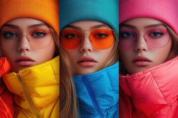 Bright and bold fashion styles displayed by a model wearing colorful winter attire