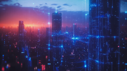 Fototapeta premium Smart digital Innovation city with connection network reciprocity over the cityscape. of future smart wireless digital city and social media networking systems that connects people with in city