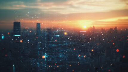 Smart digital Innovation city with connection network reciprocity over the cityscape. of future smart wireless digital city and social media networking systems that connects people with in city