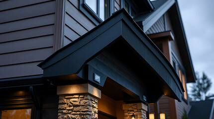 Fototapeta premium Modern Home Exterior: Night View of a Stylish House Entrance with Stone Pillars and Dark Roof