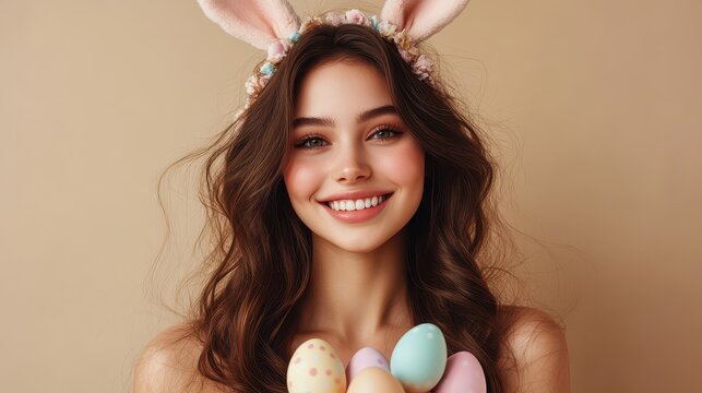 Young woman with bunny ears holding easter eggs in a studio portrait