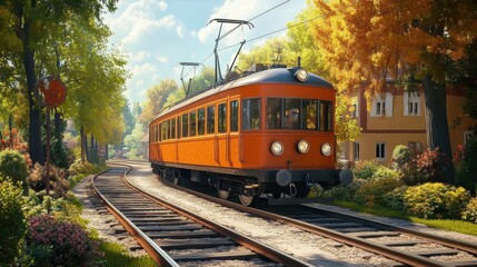 Fototapeta premium Vintage orange tram on scenic autumn route amidst verdant foliage and clear blue sky