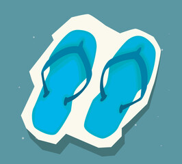 Illustration of blue flip-flops on a sandy patch with green background, designed in a minimal and modern style. Concept of summer, beach, and relaxation. Vector illustration.