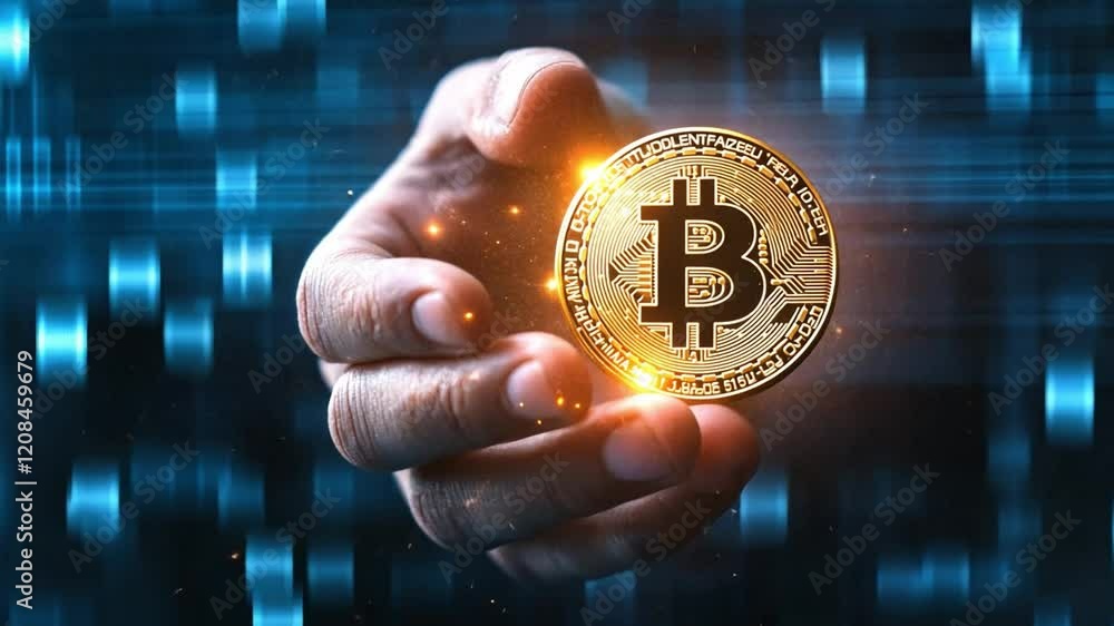 Poster hand holding a bitcoin surrounded by digital data stream in 4k resolution