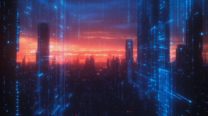 Smart digital Innovation city with connection network reciprocity over the cityscape. of future smart wireless digital city and social media networking systems that connects people with in city