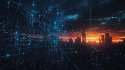 Obraz premium Smart digital Innovation city with connection network reciprocity over the cityscape. of future smart wireless digital city and social media networking systems that connects people with in city