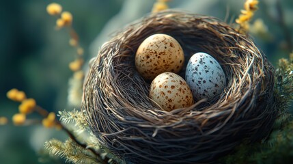Fototapeta premium Happy easter day eggs in nest top view for spring holiday design