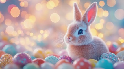 Cute easter rabbit amidst colorful eggs on blurred bokeh background