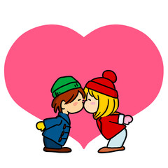 子供 かわいい男の子と女の子カップル in ラブ  キス 2〜3頭身キッズキャラ ハート背景 透過 PNG