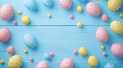 Easter celebration: colorful eggs on blue wooden background for spring design