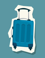 Blue suitcase with wheels and a telescopic handle depicted on a green background. Creative design showcasing travel and luggage concepts. Vector illustration