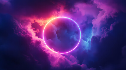 Colorful neon ring glowing inside a stormy cloud on a dark sky background, render, abstract, vibrant, colorful, neon, ring. Electric Sky. Illustration