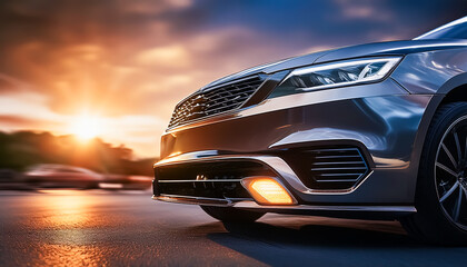 Obraz premium car, stop, road, front, close-up, headlight, glow, sunset, illustration, design