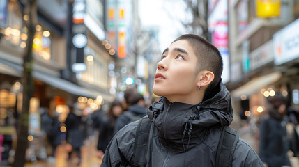 Fototapeta premium Urban Exploration: A Young Individual Gazing Upward