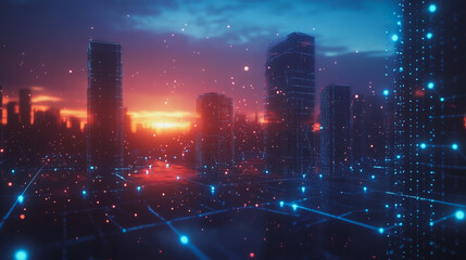 Fototapeta premium Smart digital Innovation city with connection network reciprocity over the cityscape. of future smart wireless digital city and social media networking systems that connects people with in city