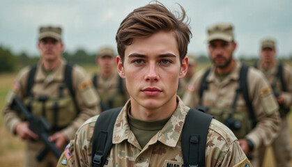 Fototapeta premium Soldier posing confidently with military comrades in outdoor field