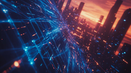 Fototapeta premium Smart digital Innovation city with connection network reciprocity over the cityscape. of future smart wireless digital city and social media networking systems that connects people with in city