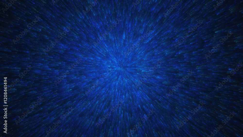 Poster abstract blue particle explosion effect, futuristic digital burst with speed motion effect and glowi