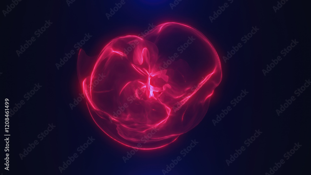 Poster abstract red glowing sphere shape with a fluid, organic design on a dark background background
