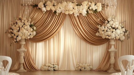 Elegant wedding ceremony backdrop, gold drapes, floral arrangement, indoor venue