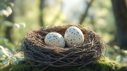 Obraz premium Easter bird nest with two eggs in sunlit forest setting