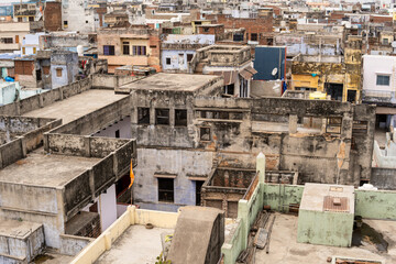 Fototapeta premium Aerial view over the shabby Indian houses in Varanasi old town, Uttar Pradesh, India