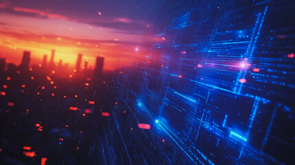 Fototapeta premium Smart digital Innovation city with connection network reciprocity over the cityscape. of future smart wireless digital city and social media networking systems that connects people with in city