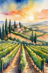 Vineyard landscape at sunset with rolling hills and cypress trees in vibrant watercolor style
