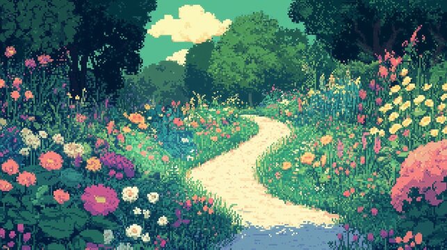 Pixel Art Lush Flower Garden Path