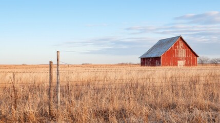 Obraz premium Rustic red barn in autumn field, clear sky; peaceful rural landscape, ideal for agricultural or real estate use