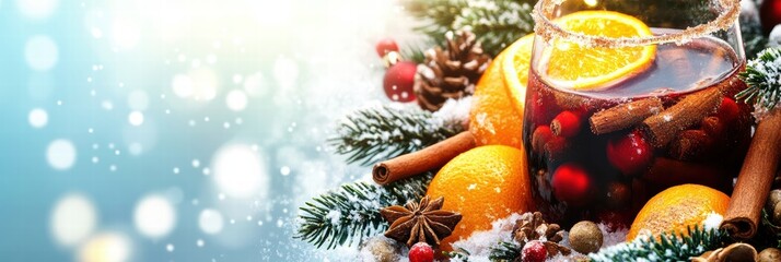 Fototapeta premium Mulled wine with orange, cinnamon, and spices served in a festive winter setting