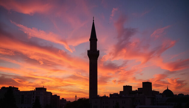Silhouette of a mosque minaret against vibrant sunset sky