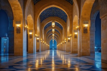Illuminated Mosque Colonnade Archway Interior at Night