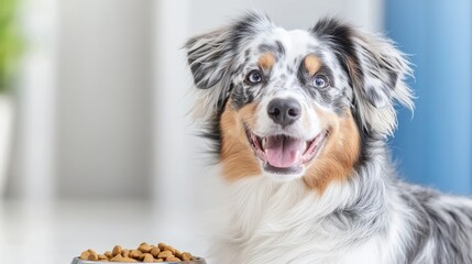 Happy dog mealtime, home interior