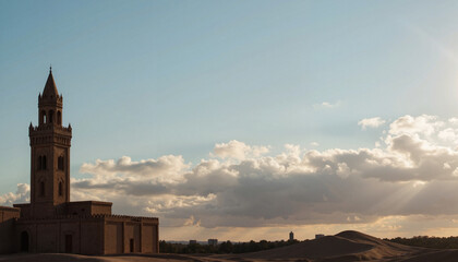 Fototapeta premium Desert landscape with tower against cloudy sky