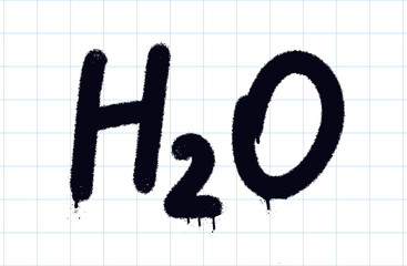 Graffiti H2O lettering. Bold black spray paint strokes on a grid paper background. Trendy Y2K urban street style. Grunge educational symbols.