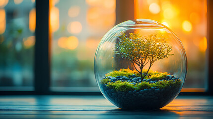 A serene ecosystem inside a glass sphere with a small green tree, moss, and rocks, illuminated by sunlight, creating a peaceful ambiance with blurred minimalistic modern space

