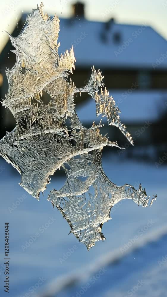 Aufkleber intricate frost patterns create a stunning display on a winter window illuminated by soft sunlight