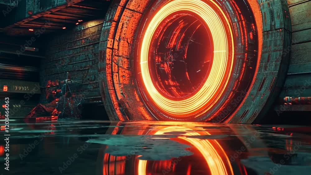 Poster vivid glowing portal set in a futuristic environment with reflections on the wet floor