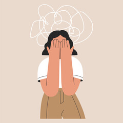Woman with mental health problems closed face with hands, female feel stress, confusion and anxiety. Person surrounded with bad thoughts suffering from headache, migraine, vector isolated illustration