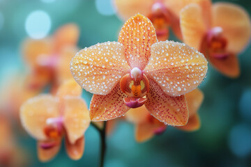 Vibrant orange orchids adorned with dewdrops showcased against a dreamy bokeh background
