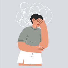Depressed woman feels confusion, anxiety and frustration. Female with attention disorder and ADHD problems closes her face with hand, fatigue, headache, overload in mind, vector isolated illustration