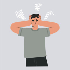 Intrusive thoughts concept, anxious man suffering from obsessive ideas. Stressed person, with mental disorder, overthinking problems and holding his head with hands. Flat vector isolated illustration