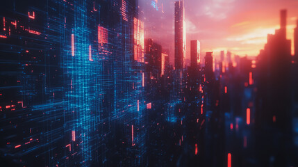 Obraz premium Smart digital Innovation city with connection network reciprocity over the cityscape. of future smart wireless digital city and social media networking systems that connects people with in city