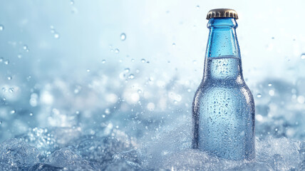 Cold beer bottle with condensation in ice, close-up.