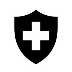 Obraz premium Antivirus icon. Minimalist Protection Shield with Medical Cross in Grey and White