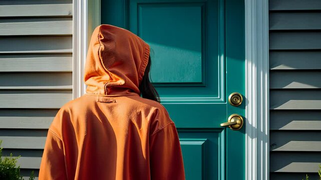 Person in an Orange Hoodie Standing in Front of a Green Door with Modern House Siding

