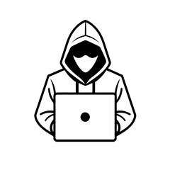 Hacker icon. Simple Graphic Hooded Figure with Laptop in Minimalist Icon Design